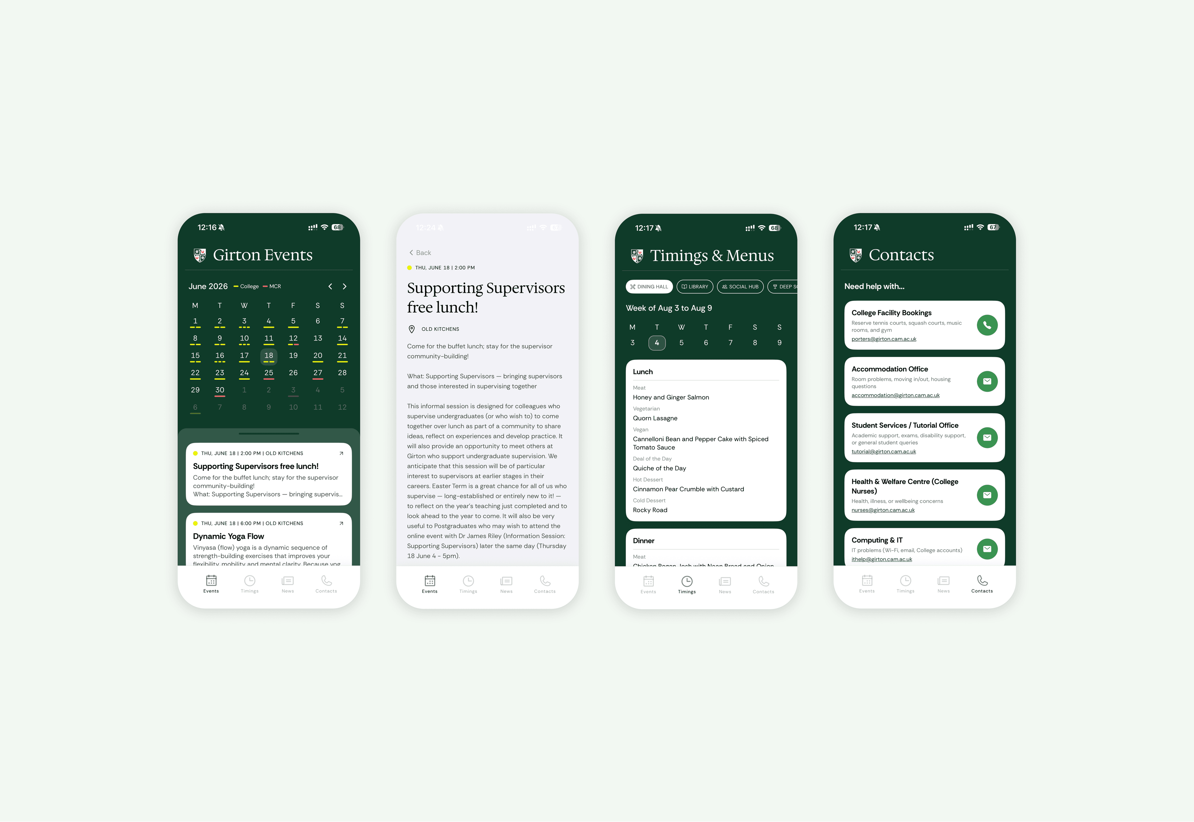 Girton College app screens